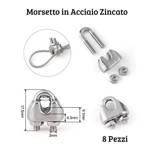 Cavo di acciaio 3mm con Tenditori e Morsetti. Ideale per Recinzioni, Tende da esterno e Giardinaggio - immagine 7