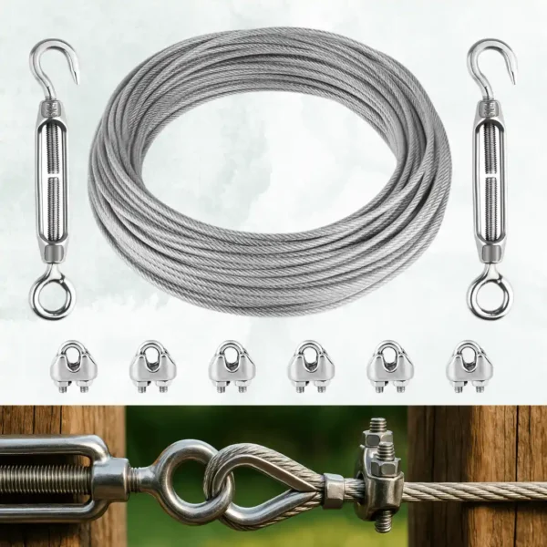 Cavo di acciaio 3mm con Tenditori e Morsetti. Ideale per Recinzioni, Tende da esterno e Giardinaggio