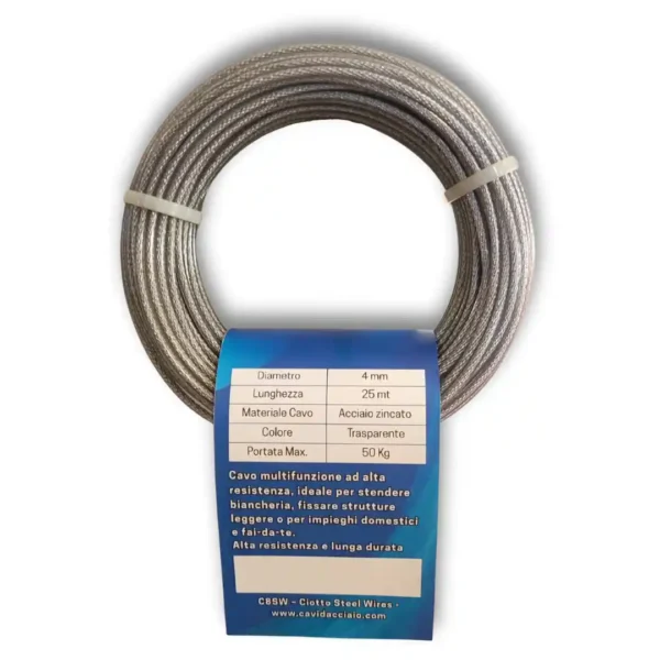 Dettaglio del cavo plastificato 3,5 mm in acciaio zincato rivestito per stendibiancheria retrattile