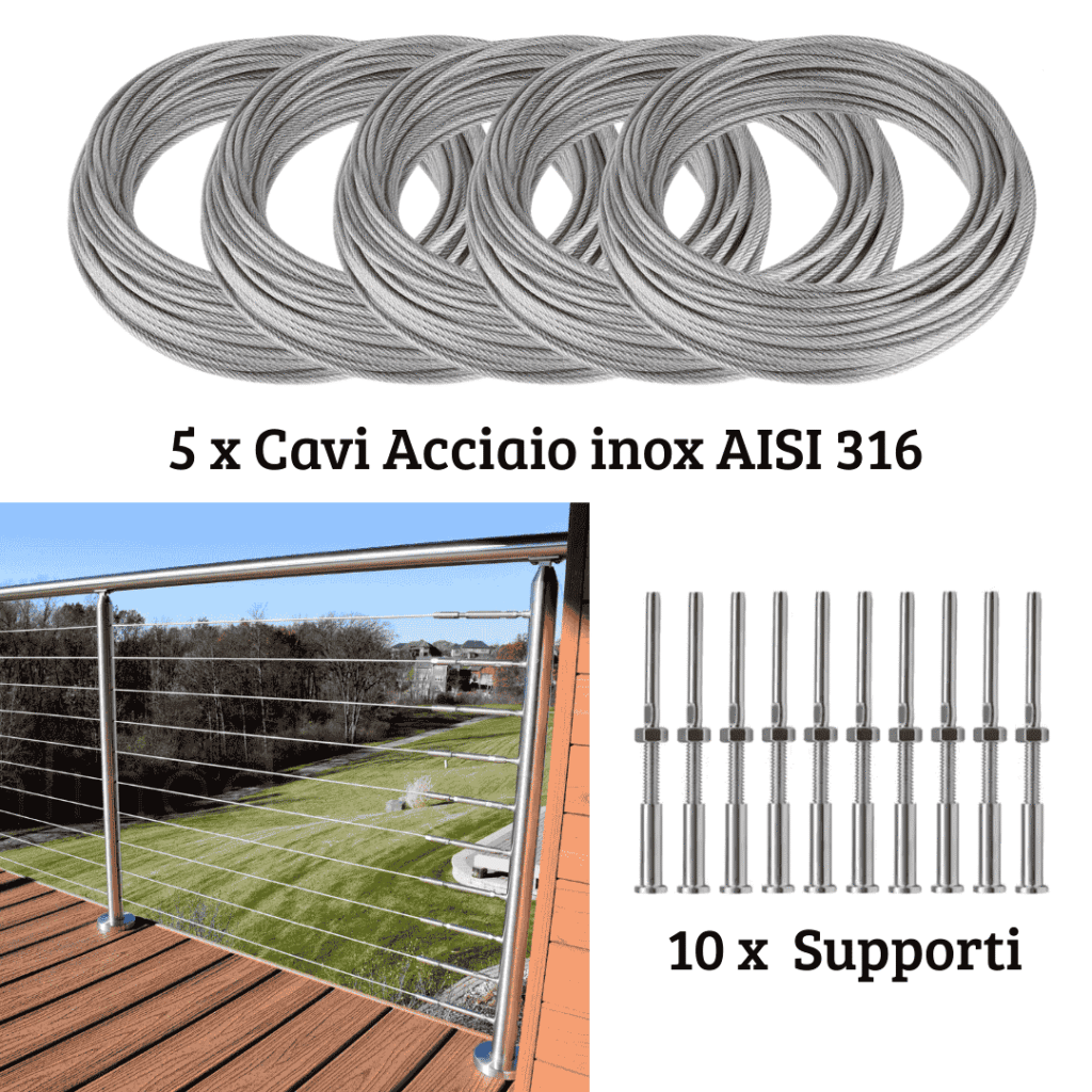 Kit ringhiera con cavi acciaio inox AISI 316 per parapetti e scale moderne