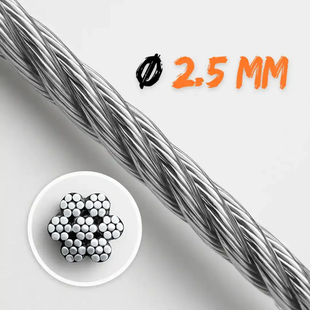 Fune inox 316 2.5 mm 7x7 per ringhiere e tensostrutture